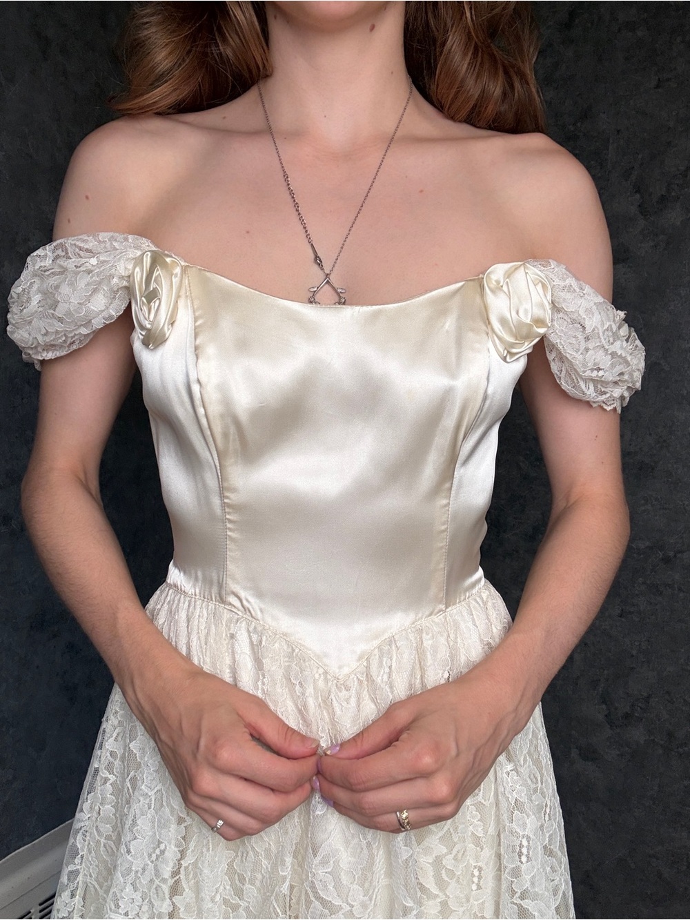 Vintage Gunne Sax Wedding Gown — Off-Shoulder Lace with Satin Rosettes - Picture 5 of 5